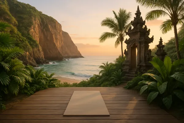 Yogaklasse in Bali am Strand